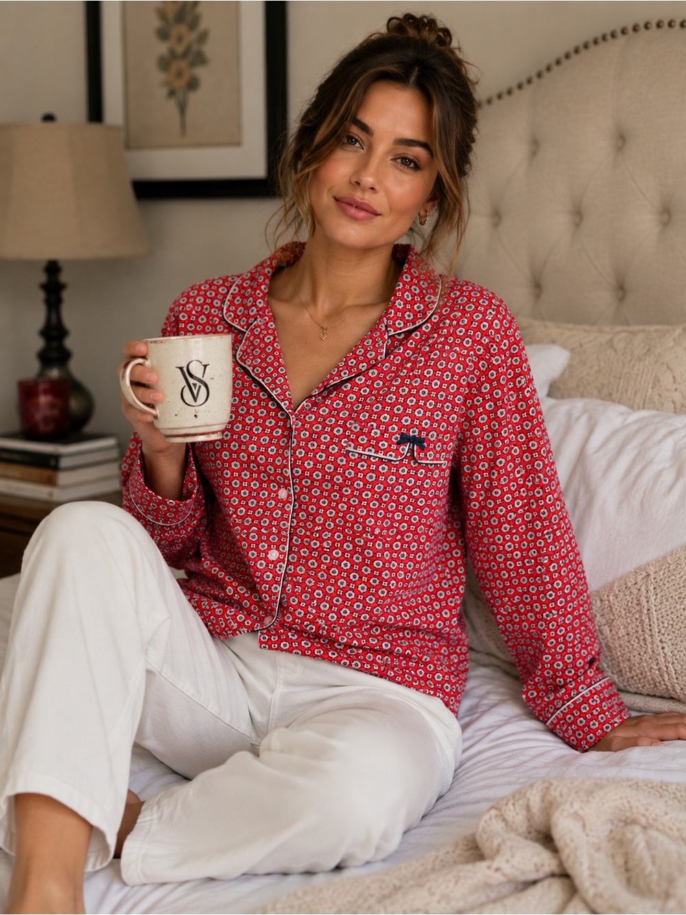 Victoria’s Secret Red Geometric Cotton Pajama Top Button Front Long Sleeve M*
